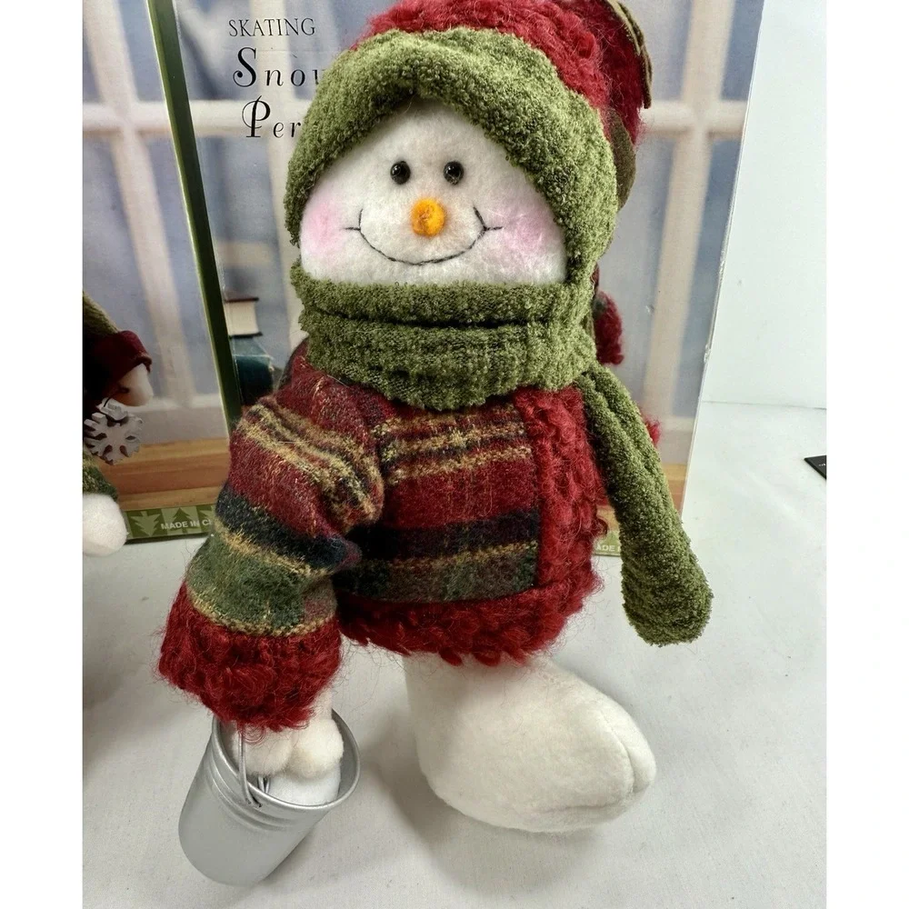 Lot of 3 Skating Snow Person Plush Decor Figures Bucket Sign Garland Skates 9.5